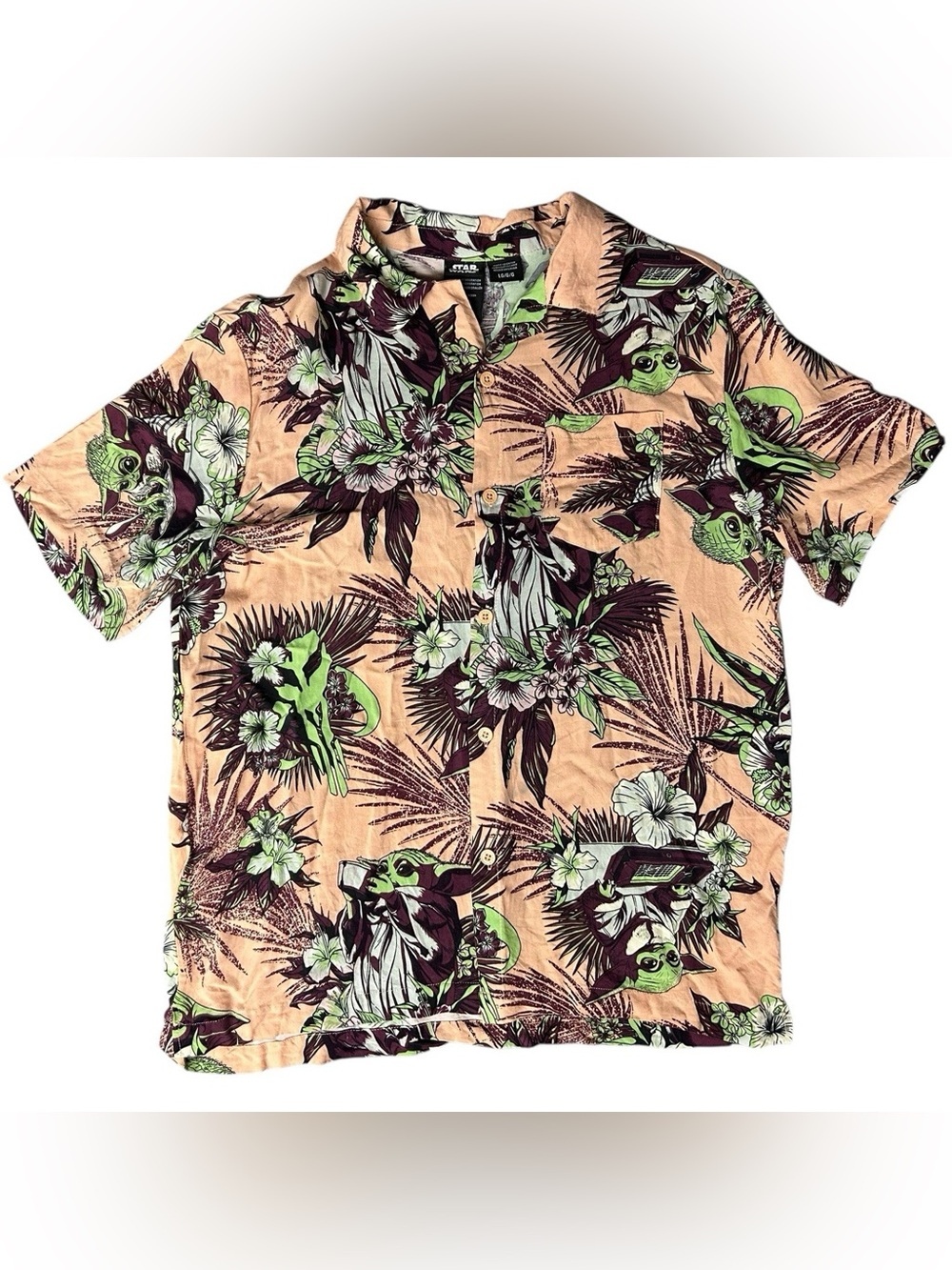 Star Wars Mandalorian Mens L Tropical Print Woven Short Sleeve Shirt Hawaiian